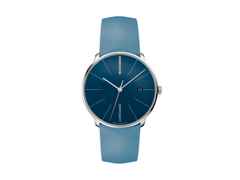 Junghans Meister Fein Automatic Edelstahl 39,5mm dunkelblaues Zifferblatt blaues Lederband – Damenuhren Uhr mit Datum aus Edelstahl und Leder. Das Gehäuse ist rund und silber. Das Lederarmband ist blau. Das Zifferblatt ist ein Index in blau.