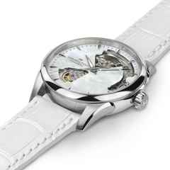Hamilton Jazzmaster Open Heart Lady Automatik Edelstahl 36mm Perlmutt-Zifferblatt weißes Lederband – Damenuhren Uhr ohne Datum aus Edelstahl. Das Gehäuse ist rund und silber. Das Lederarmband Kroko / Alligator ist weiß. Das Zifferblatt ist ein Index in weiß. – Ansicht 3