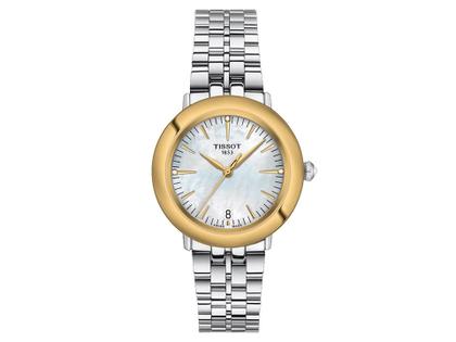 Damenuhren Uhr mit Datum aus 750 Gelbgold und Edelstahl. Das Gehäuse ist rund und silber-gelbgold. Das Edelstahlarmband ist silber. Das Zifferblatt ist ein Index in weiß.