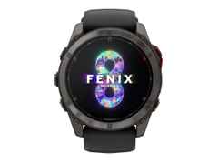 Garmin fenix 8 Pro 51mm MicroLED faserverstärktes Polymer Titan carbongrau beschichtet schwarzes Silikonband – Herrenuhren Uhr Multifunktion aus DLC beschichtet, Kautschuk und Titan. Das Gehäuse ist rund und schwarz. Das Kautschuk / Kunststoff / Silikon Armband ist schwarz. Das Zifferblatt ist digital und schwarz.
