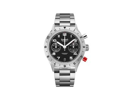 Hanhart Red Lion Mk II Chronograph Limited Edition Handaufzug Edelstahl 39mm schwarzes Zifferblatt Metallband – Herrenuhren Chronograph aus Edelstahl und Keramik. Das Gehäuse ist rund und silber. Das Edelstahlarmband ist silber. Das Zifferblatt ist arabisch Index und schwarz.