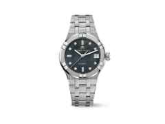 Maurice Lacroix Aikon Automatik Edelstahl 35mm schwarzes Perlmutt-Zifferblatt Metallband – Damenuhren Uhr mit Datum aus Edelstahl. Das Gehäuse ist rund und silber. Das Edelstahlarmband ist silber. Das Zifferblatt ist ein Index in schwarz.