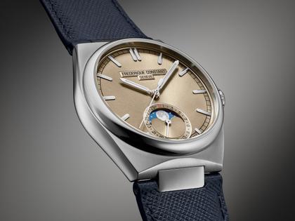 Frederique Constant Highlife Moonphase Date Manufacture Automatik Edelstahl 39mm beiges Zifferblatt Metallband und blaues Lederband – Herrenuhren Uhr mit Datum aus Edelstahl und Leder. Das Gehäuse ist rund und silber. Das Edelstahlarmband ist silber. Das Zifferblatt ist ein Index in beige. – Ansicht 9