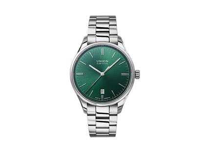 Union Glashütte Viro Datum Automatik Edelstahl 39mm dunkelgrünes Zifferblatt Metallband – Herrenuhren Uhr mit Datum aus Edelstahl. Das Gehäuse ist rund und silber. Das Edelstahlarmband ist silber. Das Zifferblatt ist ein Index in grün.