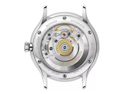 MeisterSinger Pangaea Day Date, 40mm Automatik blau – Herrenuhren Uhr mit Datum aus Edelstahl. Das Armband ist ein Lederarmband. Der Zifferblatt ist arabisch. – Ansicht 4