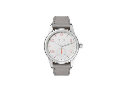 Herrenuhren Uhr ohne Datum aus Edelstahl. Das Gehäuse ist rund und silber. Das Lederarmband ist grau. Das Zifferblatt ist arabisch römisch und weiß.