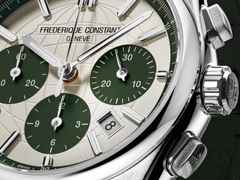 Frederique Constant Highlife Chronograph Automatic Edelstahl 41mm weiß-grünes Zifferblatt grünes Lederband limitiert – Herrenuhren Chronograph aus Edelstahl und Leder. Das Gehäuse ist rund und silber. Das Lederarmband ist grün. Das Zifferblatt ist ein Index in weiß. – Ansicht 4