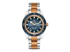 Rado Captain Cook Automatik Edelstahl 42mm roségold beschichtet blau Edelstahlband bicolor – Herrenuhren Uhr mit Datum aus Edelstahl und PVD beschichtet. Das Gehäuse ist rund und silber-roségold. Das Edelstahlarmband ist silber-roségold. Das Zifferblatt ist ein Index in grün.