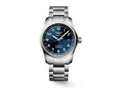 Longines Spirit Prestige Edition Automatik Edelstahl 40mm blaues Zifferblatt Metallband und Lederband – Herrenuhren Uhr mit Datum aus Edelstahl. Das Gehäuse ist rund und silber. Das Edelstahlarmband ist silber. Das Zifferblatt ist arabisch Index und blau.