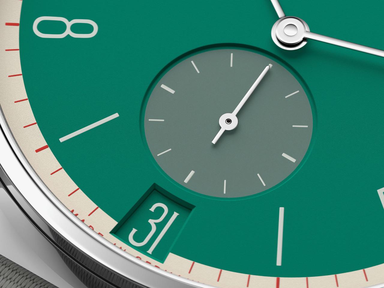 Nomos Glashütte Tangente 38 Datum "175 Years Watchmaking - Schlossgrün" Handaufzug Edelstahl grünes Zifferblatt graues Textilband Glasboden – Herrenuhren Uhr mit Datum aus Edelstahl. Das Gehäuse ist rund und silber. Das Textilarmband ist grau. Das Zifferblatt ist arabisch Index und grün. – Ansicht 6