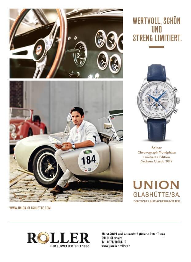 Union Glashütte Belisar Chronograph Mondphase Sachsen Classic 2019 Limited Edition Automatik Edelstahl 44mm weißes Zifferblatt blaues Lederband – Herrenuhren Chronograph aus Edelstahl. Das Gehäuse ist rund und silber. Das Lederarmband ist blau. Das Zifferblatt ist arabisch Index und weiß. – Ansicht 3