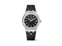 Maurice Lacroix Aikon Quarz Edelstahl 35mm schwarzes Zifferblatt schwarzes Kautschukband – Damenuhren Uhr mit Datum aus Edelstahl, Kautschuk, PVD beschichtet und vergoldet. Das Gehäuse ist rund und silber. Das Kautschuk / Kunststoff / Silikon Armband ist schwarz. Das Zifferblatt ist ein Index in schwarz.