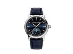 Frederique Constant Classic Moonphase Date Manufacture Automatik Edelstahl 40mm blaues Zifferblatt blaues Lederband – Herrenuhren Uhr mit Datum aus Edelstahl und Leder. Das Gehäuse ist rund und silber. Das Lederarmband Kroko / Alligator ist blau. Das Zifferblatt ist ein Index in blau.