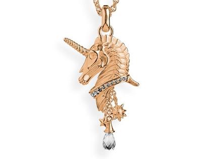 Drachenfels Design Sternenglanz und Schattentanz Anhänger Einhorn Dark groß Bergkristall rotgoldplattiert – Anhänger Anhänger mit Besatz aus 925 Silber.