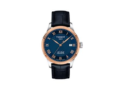 Tissot LeLocle Automatik Edelstahl 39mm blaues Zifferblatt blaues Lederband – Herrenuhren Uhr mit Datum aus 750 Rotgold, Edelstahl und Leder. Das Gehäuse ist rund und silber. Das Lederarmband ist blau. Das Zifferblatt ist römisch und blau.