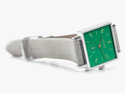 Nomos Glashütte Tetra Berliner Mischung Clärchen Handaufzug Edelstahl 29mm grünes Zifferblatt graues Lederband – Damenuhren Uhr ohne Datum aus Edelstahl. – Ansicht 2