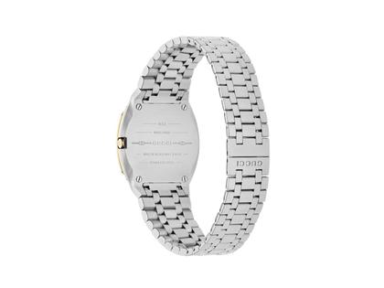 Gucci 25H Quarz Edelstahl 30mm goldenes Zifferblatt Metallband YA163502 – Damenuhren Uhr ohne Datum aus 750 Gelbgold, Edelstahl und vergoldet. Das Gehäuse ist rund und silber-gelbgold. Das Edelstahlarmband ist silber. Das Zifferblatt ist ohne Zeichen und gelbgold. – Ansicht 2