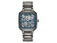 Rado True Square Automatik Keramik grau Open Heart Keramikband – Herrenuhren Uhr ohne Datum aus Keramik. Das Gehäuse ist quadratisch und grau. Das Keramikarmband ist grau. Das Zifferblatt ist skelettiert und blau.