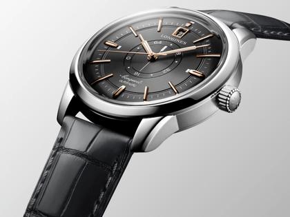 Longines Conquest Heritage Central Power Reserve Automatik Edelstahl 38mm anthrazitfarbenes Zifferblatt schwarzes Lederband – Herrenuhren Uhr mit Datum aus Edelstahl und Leder. Das Gehäuse ist rund und silber. Das Lederarmband Kroko / Alligator ist schwarz. Das Zifferblatt ist ein Index in anthrazit. – Ansicht 3