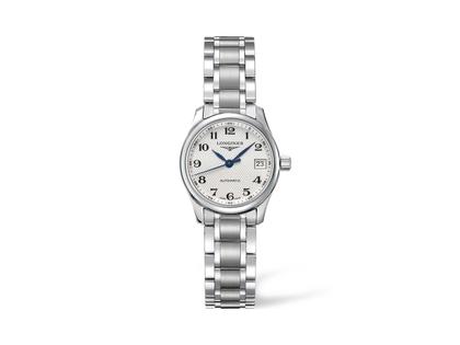 Longines Master Collection Automatik 25 mm weiß arabisch Metallband – Damenuhren Uhr mit Datum aus Edelstahl. Das Armband ist ein Edelstahlarmband. Der Zifferblatt ist arabisch.