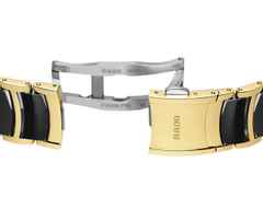 Rado Centrix Diamonds Automatik Edelstahl Gelbgold-PVD 35mm schwarzes Zifferblatt mit Brillanten Metallband – Damenuhren Uhr mit Datum aus Edelstahl, Keramik und PVD beschichtet. Das Gehäuse ist rund und gelbgold. Das Keramikarmband ist schwarz. Das Zifferblatt ist ein Index in schwarz. – Ansicht 5