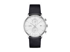 Junghans FORM C Chronograph Quarz Edelstahl 40mm silbernes Zifferblatt schwarzes Lederband – Herrenuhren Chronograph aus Edelstahl. Das Gehäuse ist rund und silber. Das Lederarmband ist schwarz. Das Zifferblatt ist ein Index in silber.