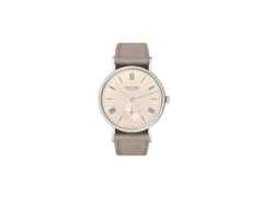 Nomos Glashütte Ludwig 33 Champagner Handaufzug Edelstahl beiges Zifferblatt beiges Lederband Stahlboden – Damenuhren Uhr ohne Datum aus Edelstahl und Leder. Das Gehäuse ist rund und silber. Das Lederarmband ist beige. Das Zifferblatt ist römisch Index und beige.