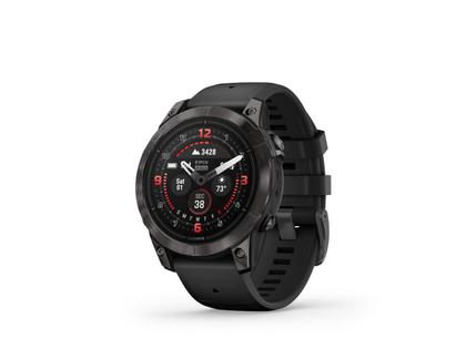 Garmin epix Pro Sapphire Titan carbongrau beschichtet 47 mm Kautschukband schwarz – Herrenuhren Uhr Multifunktion aus DLC beschichtet, Kautschuk und Titan. Das Gehäuse ist rund und schwarz. Das Kautschuk / Kunststoff / Silikon Armband ist schwarz. Das Zifferblatt ist digital und schwarz. – Ansicht 4