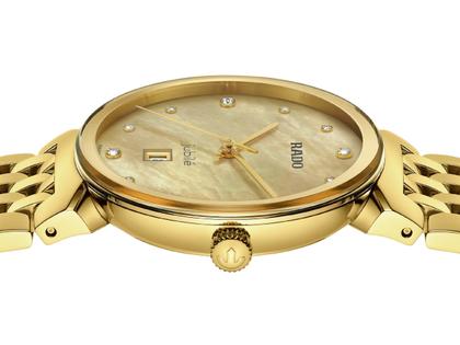 Rado Florence Diamonds Quarz Edelstahl Gelbgold-PVD 30mm gelbgoldfarbenes Zifferblatt Metallband – Damenuhren Uhr mit Datum aus Edelstahl und PVD beschichtet. Das Gehäuse ist rund und gelbgold. Das Edelstahlarmband ist gelbgold. Das Zifferblatt ist ein Index in gelbgold. – Ansicht 3