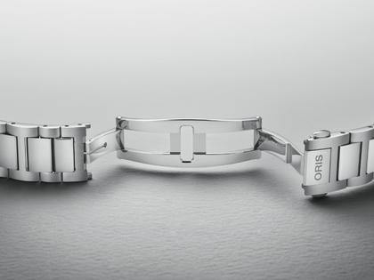 Oris Big Crown Pointer Date Automatik Edelstahl 40mm gelbes Zifferblatt Metallband – Herrenuhren Uhr mit Datum aus Edelstahl. Das Gehäuse ist rund und silber. Das Edelstahlarmband ist silber. Das Zifferblatt ist arabisch und gelb. – Ansicht 8