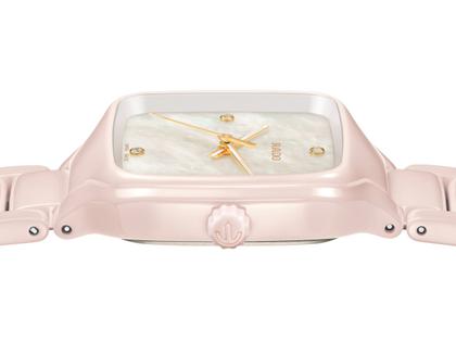 Rado True Square Diamonds Quarz Keramik 29mm weißes Perlmutt-Zifferblatt mit Brillanten Keramikband – Damenuhren Uhr ohne Datum aus Keramik und Titan. Das Gehäuse ist quadratisch und rosa. Das Keramikarmband ist rosa. Das Zifferblatt ist ein Index in weiß. – Ansicht 3