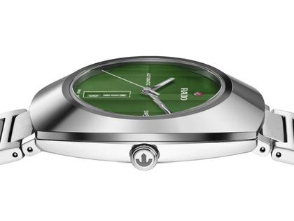 Rado DiaStar Original Automatik Ceramos 38 mm grün Edelstahlband – Herrenuhren Uhr mit Datum aus Edelstahl und Keramik. Das Gehäuse ist oval und silber. Das Edelstahlarmband ist silber. Das Zifferblatt ist ein Index in grün. – Ansicht 4