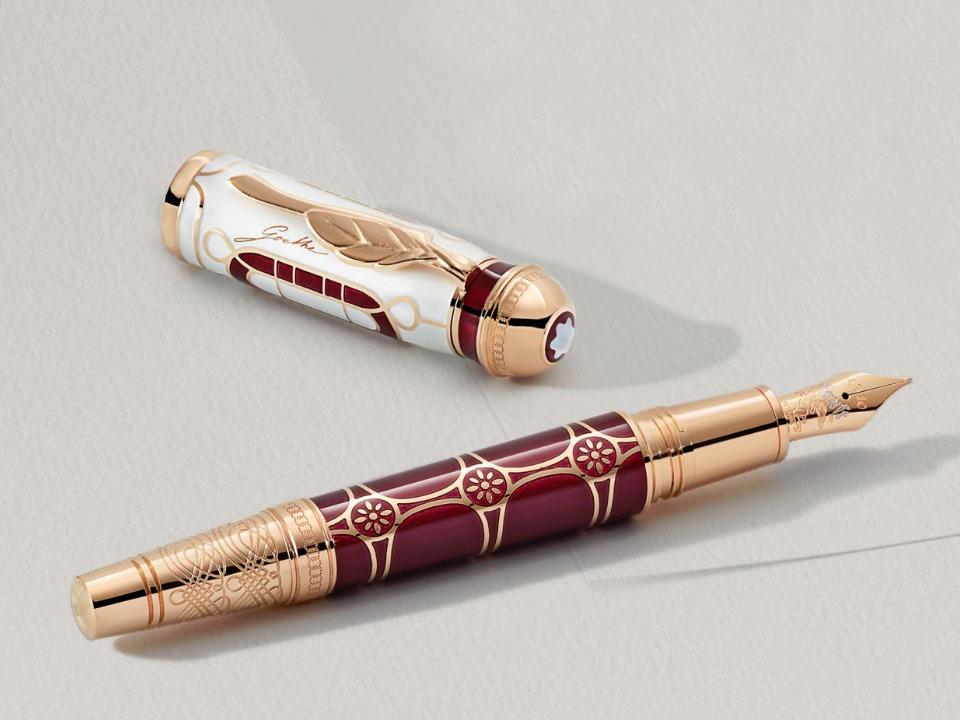 Montblanc Writers Edition                     2025: Johann Wolfgang von Goethe  Limited Edition 1808 Füllfederhalter M – Schreibgeräte Füllfederhalter in roségold und aus 750 Gelbgold, Edellack, Metall, platiniert, rhodiniert und vergoldet. – Ansicht 2