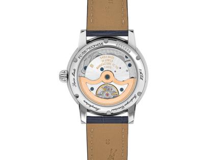 Frederique Constant Classic Moonphase Date Manufacture Automatik Edelstahl 40mm silberfarbenes Zifferblatt blaues Lederband – Herrenuhren Uhr mit Datum aus Edelstahl und Leder. Das Gehäuse ist rund und silber. Das Lederarmband Kroko / Alligator ist blau. Das Zifferblatt ist ein Index in weiß. – Ansicht 3
