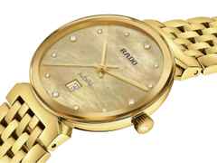 Rado Florence Diamonds Quarz Edelstahl Gelbgold-PVD 30mm gelbgoldfarbenes Zifferblatt Metallband – Damenuhren Uhr mit Datum aus Edelstahl und PVD beschichtet. Das Gehäuse ist rund und gelbgold. Das Edelstahlarmband ist gelbgold. Das Zifferblatt ist ein Index in gelbgold. – Ansicht 2
