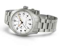 Hamilton Khaki Field Mechanical Power Reserve Handaufzug Edelstahl 40mm weißes Zifferblatt Metallband – Herrenuhren Uhr ohne Datum aus Edelstahl. Das Gehäuse ist rund und silber. Das Edelstahlarmband ist silber. Das Zifferblatt ist arabisch und weiß. – Ansicht 4
