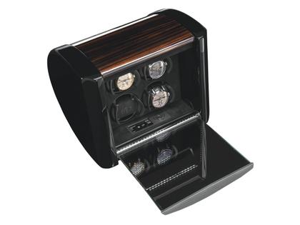Buben & Zörweg Spirit 4 Macassar Uhrenbeweger mit Hochglanzlack und Aluminium Chassis – Uhrenbeweger Uhrenbeweger für mehrere Uhren in schwarz und aus Aluminium und Holz.