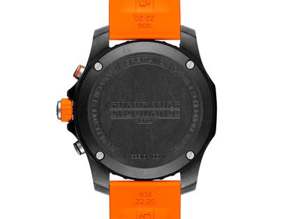 Breitling Endurance Pro 44 Chronograph Quarz Breitlight schwarzes Zifferblatt orangefarbenes Kautschukband – Herrenuhren Chronograph aus Sonstiges. Das Gehäuse ist rund und schwarz. Das Kautschuk / Kunststoff / Silikon Armband ist orange. Das Zifferblatt ist arabisch und schwarz. – Ansicht 2