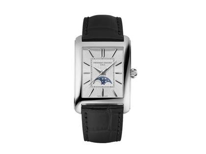 Frederique Constant Classics Carree Moonphase Automatik Edelstahl 42x30mm silbernes Zifferblatt schwarzes Lederband – Herrenuhren Uhr ohne Datum aus Edelstahl und Leder. Das Gehäuse ist rechteckig und silber. Das Lederarmband ist schwarz. Das Zifferblatt ist ein Index in silber.