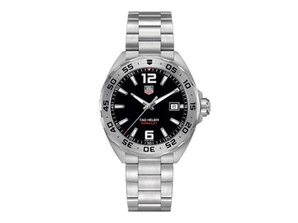 TAG Heuer Formula 1 Quarz Edelstahl 41mm schwarzes Zifferblatt Metallband – Herrenuhren Uhr mit Datum aus Edelstahl. Das Gehäuse ist rund und silber. Das Edelstahlarmband ist silber. Das Zifferblatt ist arabisch Index und schwarz.