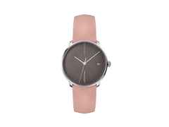 Junghans Meister fein Kleine Automatic Edelstahl 35mm graues Zifferblatt rosa Lederband – Damenuhren Uhr mit Datum aus Edelstahl und PVD beschichtet. Das Gehäuse ist rund und silber. Das Lederarmband ist rosa. Das Zifferblatt ist ein Index in grau.