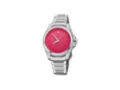 Oris Pro Pilot X Miss Piggy Edition Automatik Edelstahl 34mm pinkes Zifferblatt Metallband – Damenuhren Uhr ohne Datum aus Edelstahl. Das Gehäuse ist rund und silber. Das Edelstahlarmband ist silber. Das Zifferblatt ist ein Index in pink.