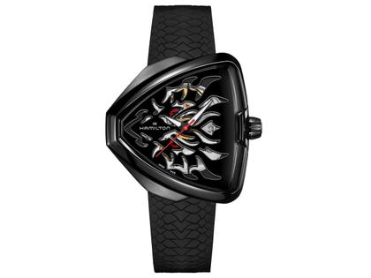 Hamilton Ventura Elvis80 Skeleton Dragon Auto Edelstahl PVD-Schwarz 42x45mm schwarzes Zifferblatt Kautschukband – Damenuhren Uhr ohne Datum aus Edelstahl, Kautschuk und PVD beschichtet. Das Gehäuse ist sonstige Form und schwarz. Das Kautschuk / Kunststoff / Silikon Armband ist schwarz. Das Zifferblatt ist ohne Zeichen und schwarz.