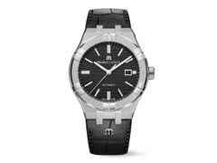 Maurice Lacroix Aikon Automatik Edelstahl 42mm schwarzes Zifferblatt schwarzes Lederband – Herrenuhren Uhr mit Datum aus Edelstahl. Das Gehäuse ist rund und silber. Das Lederarmband ist schwarz. Das Zifferblatt ist ein Index in schwarz.