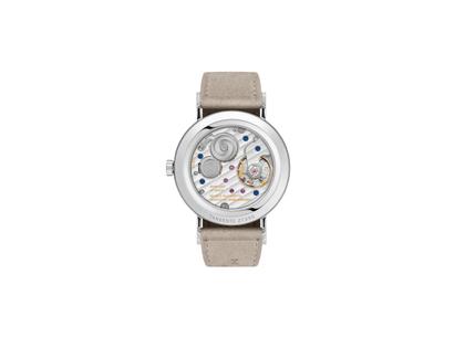 Nomos Glashütte Tangente 33 Champagner Handaufzug Edelstahl 33mm beiges Zifferblatt beiges Lederband Glasboden – Damenuhren Uhr ohne Datum aus Edelstahl. Das Gehäuse ist rund und silber. Das Lederarmband ist beige. Das Zifferblatt ist arabisch Index und beige. – Ansicht 5