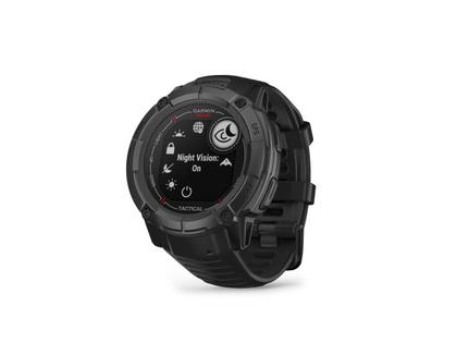 Garmin Instinct 2X Solar Tactical faserverstärktes Polymer schwarz 50 mm Kautschukband schwarz – Damenuhren Uhr Multifunktion aus Kautschuk und Kunststoff. Das Gehäuse ist rund und schwarz. Das Kautschuk / Kunststoff / Silikon Armband ist schwarz. Das Zifferblatt ist digital und schwarz. – Ansicht 2