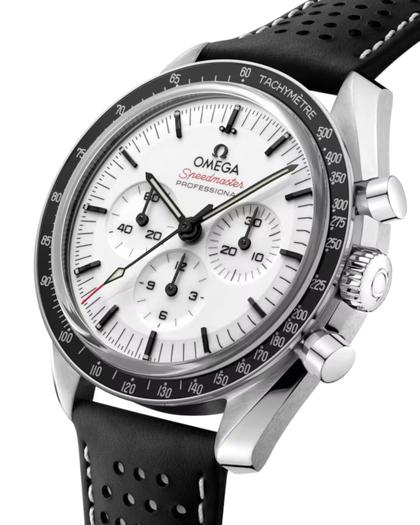 Omega Speedmaster Moonwatch Professional Chronograph Handaufzug Edelstahl 42mm weißes Zifferblatt schwarzes Lederband – Herrenuhren Chronograph aus Edelstahl, eloxiertes Aluminium und Leder. Das Gehäuse ist rund und silber. Das Lederarmband ist schwarz. Das Zifferblatt ist ein Index in weiß. – Ansicht 3