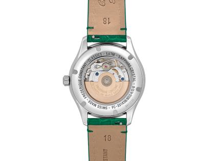 Frederique Constant Classics Elegance Luna Automatik Edelstahl 36mm weißes Zifferblatt grünes Lederband – Damenuhren Uhr ohne Datum aus Edelstahl und Leder. Das Gehäuse ist rund und silber. Das Lederarmband ist grün. Das Zifferblatt ist römisch und weiß. – Ansicht 3