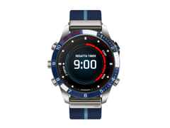 Garmin MARQ Captain Gen 2 digital Titan 46mm blaues Jacquard-Nylonband – Herrenuhren Uhr Multifunktion aus Keramik und Titan. Das Gehäuse ist rund und grau. Das Textilarmband ist blau. Der Zifferblatt ist digital.