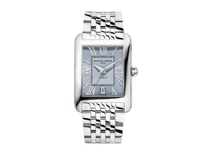 Frederique Constant Classics Carree Automatik Edelstahl 42x30mm blaues Zifferblatt Metallband – Herrenuhren Uhr mit Datum aus Edelstahl. Das Gehäuse ist rechteckig und silber. Das Edelstahlarmband ist silber. Das Zifferblatt ist ein Index in blau.